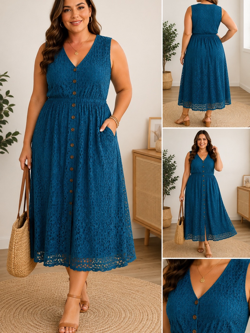 Teal blue lace button front sleeveless maxi midi dress plus size floral crochet